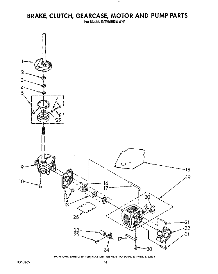BRAKE, CLUTCH, GEARCASE, MOTOR AND PUMP Diagram and Parts List for KAWE960WAL1  Whirlpool Washer