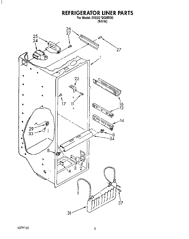 REFRIGERATOR LINER Diagram and Parts List for 3VED27DQAW00  Whirlpool Refrigerator