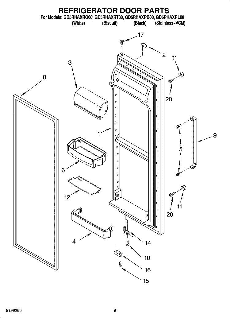 REFRIGERATOR DOOR PARTS Diagram and Parts List for GD5RHAXRT00  Whirlpool Refrigerator