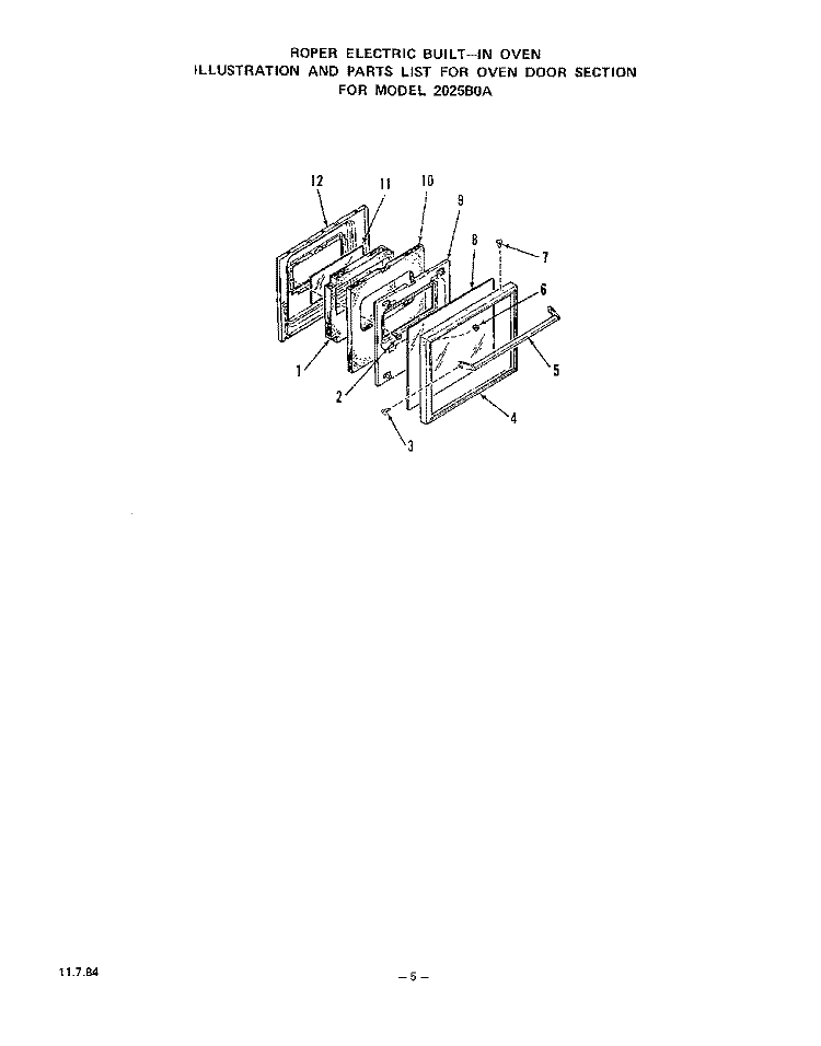 OVEN DOOR Diagram and Parts List for 2025B0A  Roper Range