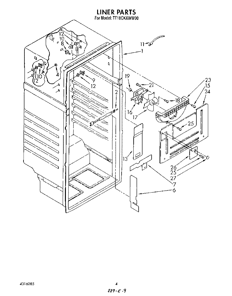 LINER Diagram and Parts List for TT18CKXWN00  Whirlpool Refrigerator