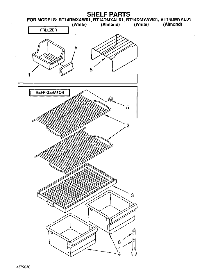 SHELF Diagram and Parts List for RT14DMYAW01  Roper Refrigerator