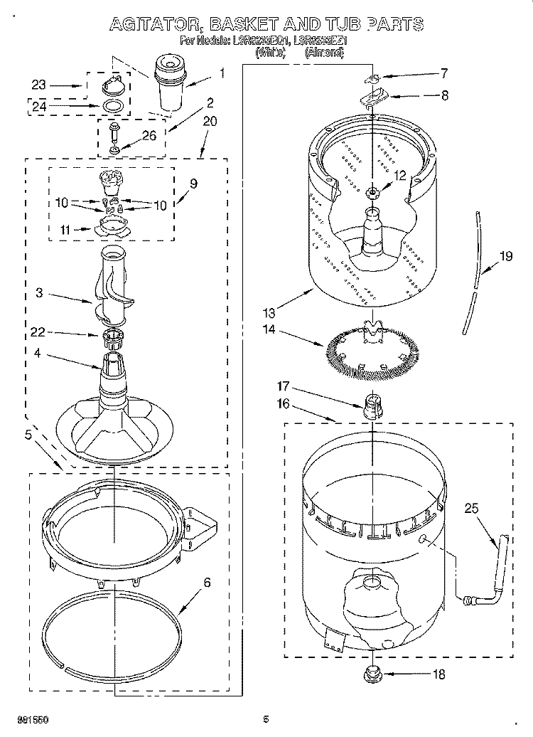 AGITATOR, BASKET AND TUB Diagram and Parts List for LSR8233EQ1  Whirlpool Washer