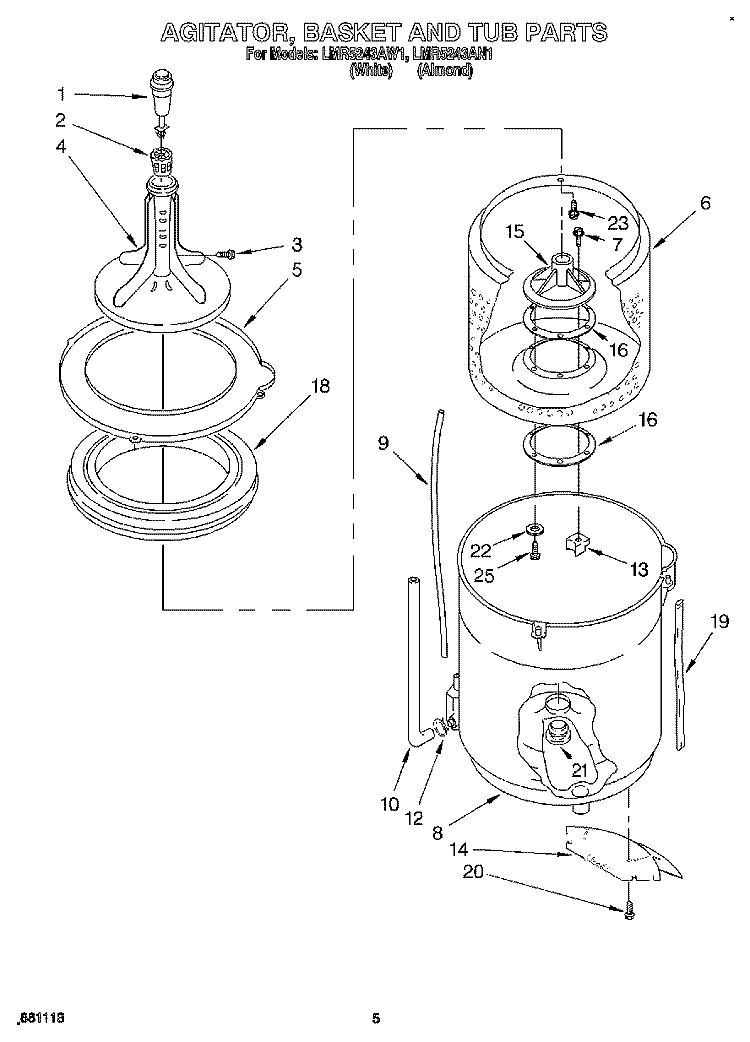 AGITATOR, BASKET AND TUB Diagram and Parts List for LMR5243AN1  Whirlpool Washer