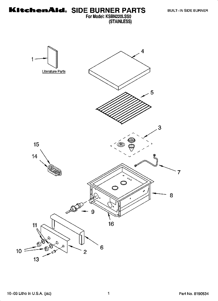 SIDE BURNER PARTS Diagram and Parts List for KSBN220LSS0  KitchenAid Grill
