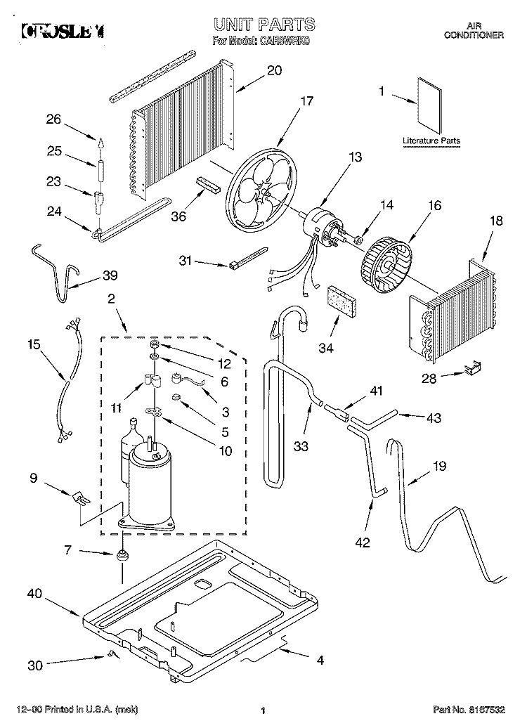 UNIT, LITERATURE Diagram and Parts List for CAR8WRK0  Whirlpool Air Conditioner
