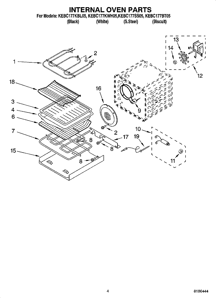 INTERNAL OVEN PARTS Diagram and Parts List for KEBC177BT05  KitchenAid Wall Oven
