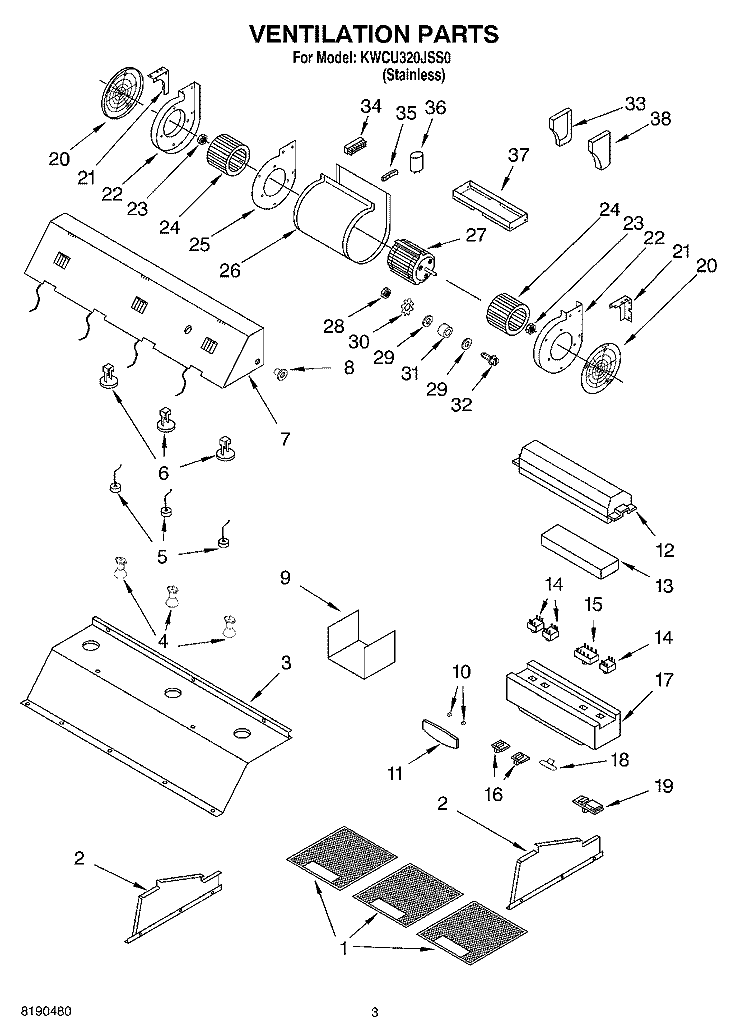VENTILATION PARTS Diagram and Parts List for KWCU320JSS0  KitchenAid Range Hood