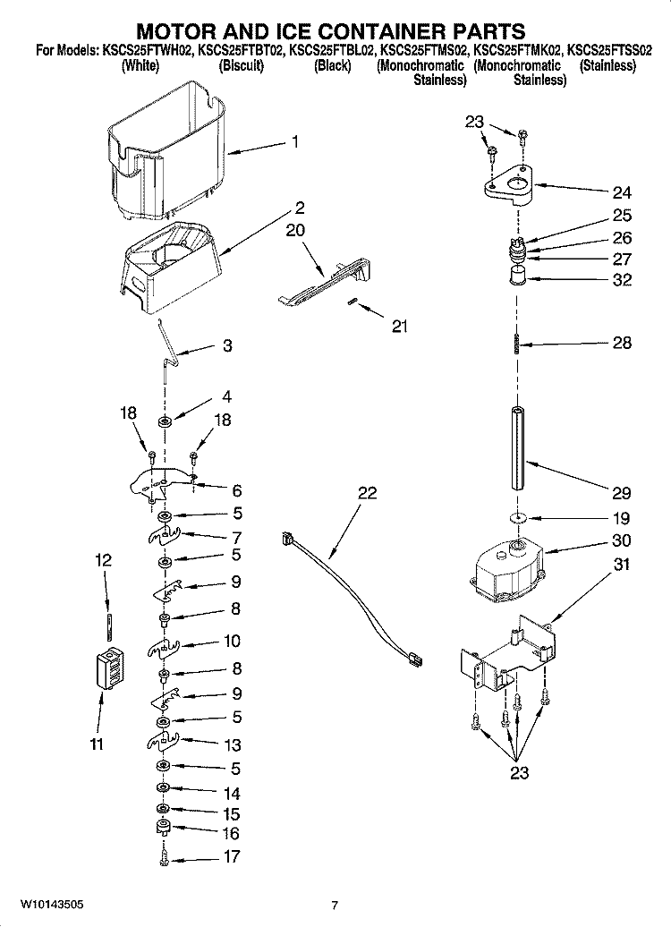 MOTOR AND ICE CONTAINER PARTS Diagram and Parts List for KSCS25FTSS02  KitchenAid Refrigerator