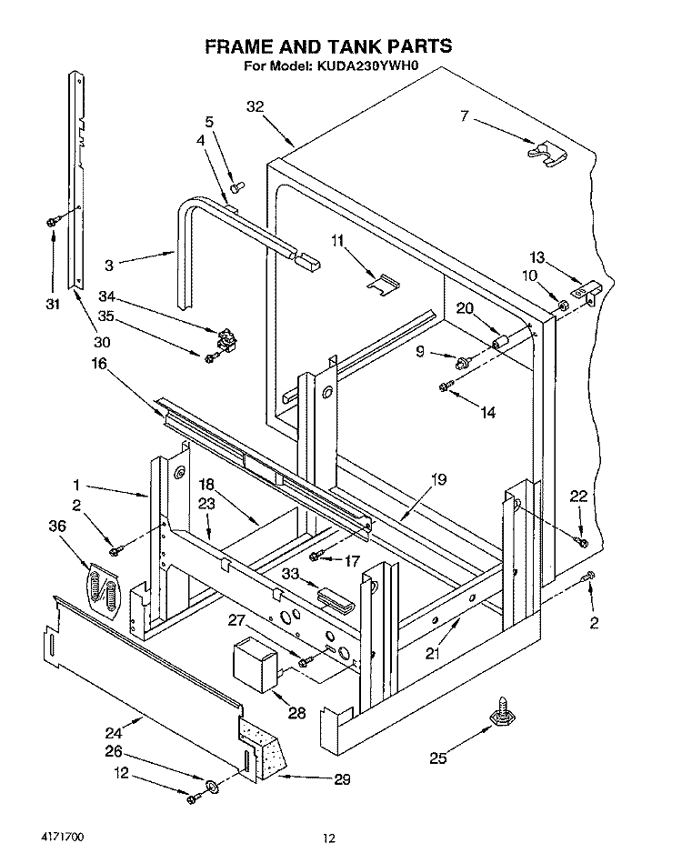 FRAME AND TANK Diagram and Parts List for KUDA230YAL0  KitchenAid Dishwasher