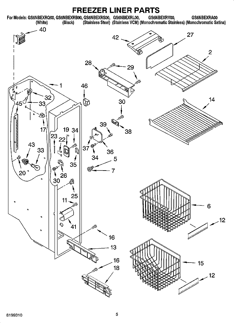 FREEZER LINER PARTS Diagram and Parts List for GS6NBEXRY00  Whirlpool Refrigerator
