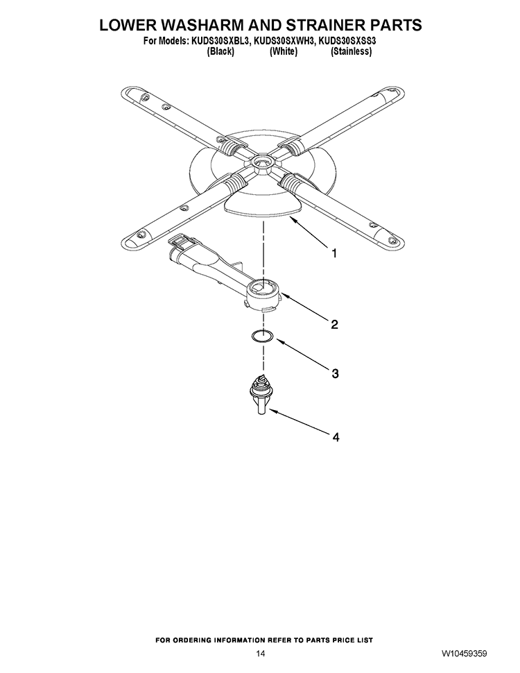 LOWER WASHARM AND STRAINER PARTS Diagram and Parts List for KUDS30SXBL3  KitchenAid Dishwasher