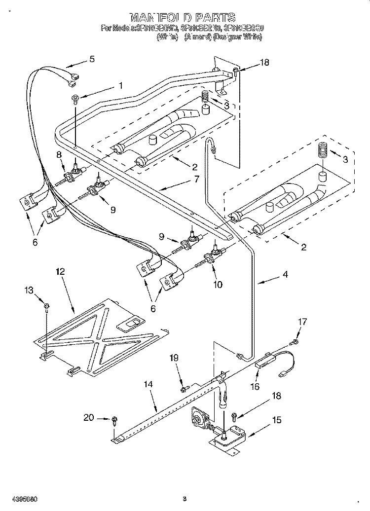 MANIFOLD Diagram and Parts List for SF310BEGW0  Whirlpool Range