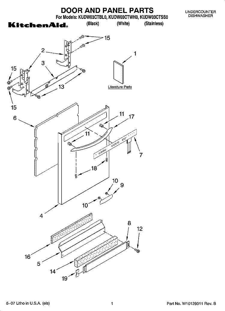 DOOR AND PANEL PARTS Diagram and Parts List for KUDW03CTBL0  KitchenAid Dishwasher