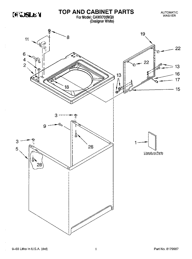 TOP AND CABINET PARTS Diagram and Parts List for CAWX700MQ0  Crosley Washer