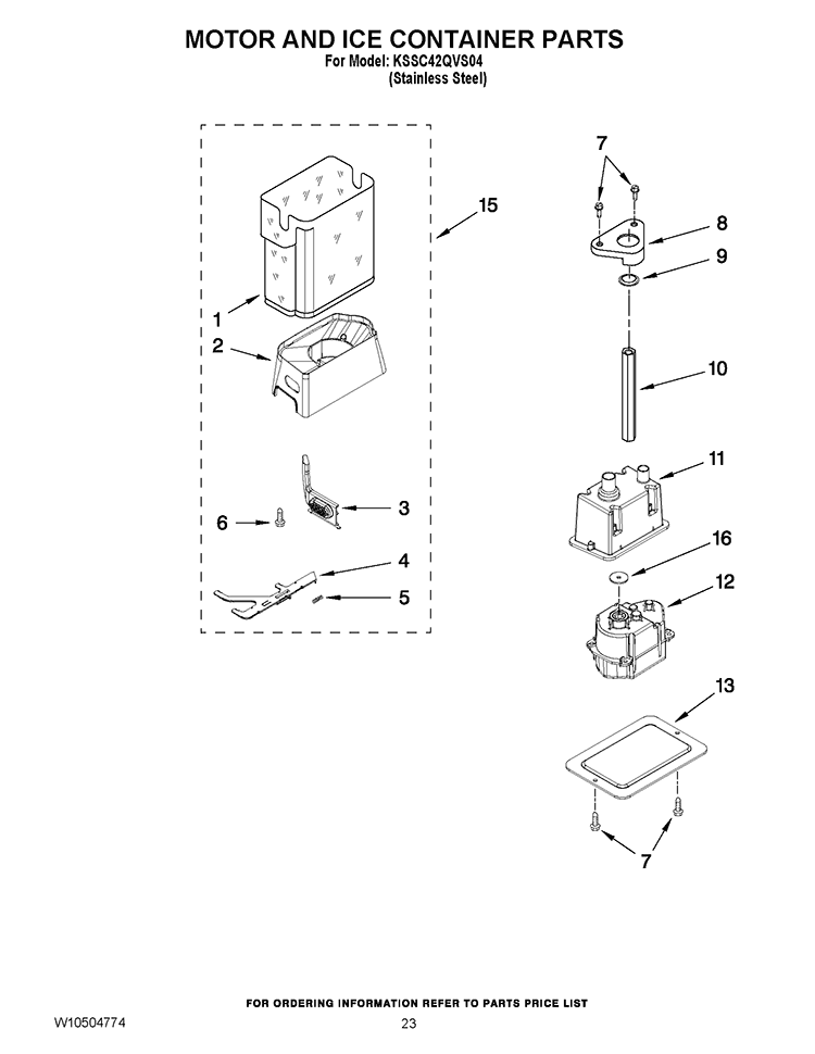 MOTOR AND ICE CONTAINER PARTS Diagram and Parts List for KSSC42QVS04  KitchenAid Refrigerator