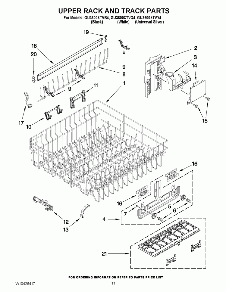 UPPER RACK AND TRACK PARTS Diagram and Parts List for GU3600XTVB4  Whirlpool Dishwasher