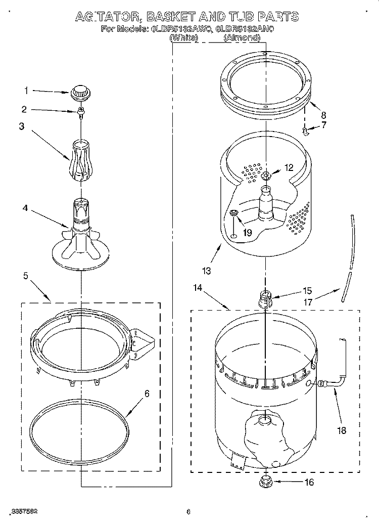 AGITATOR, BASKET AND TUB Diagram and Parts List for 6LBR5132AW0  Whirlpool Washer