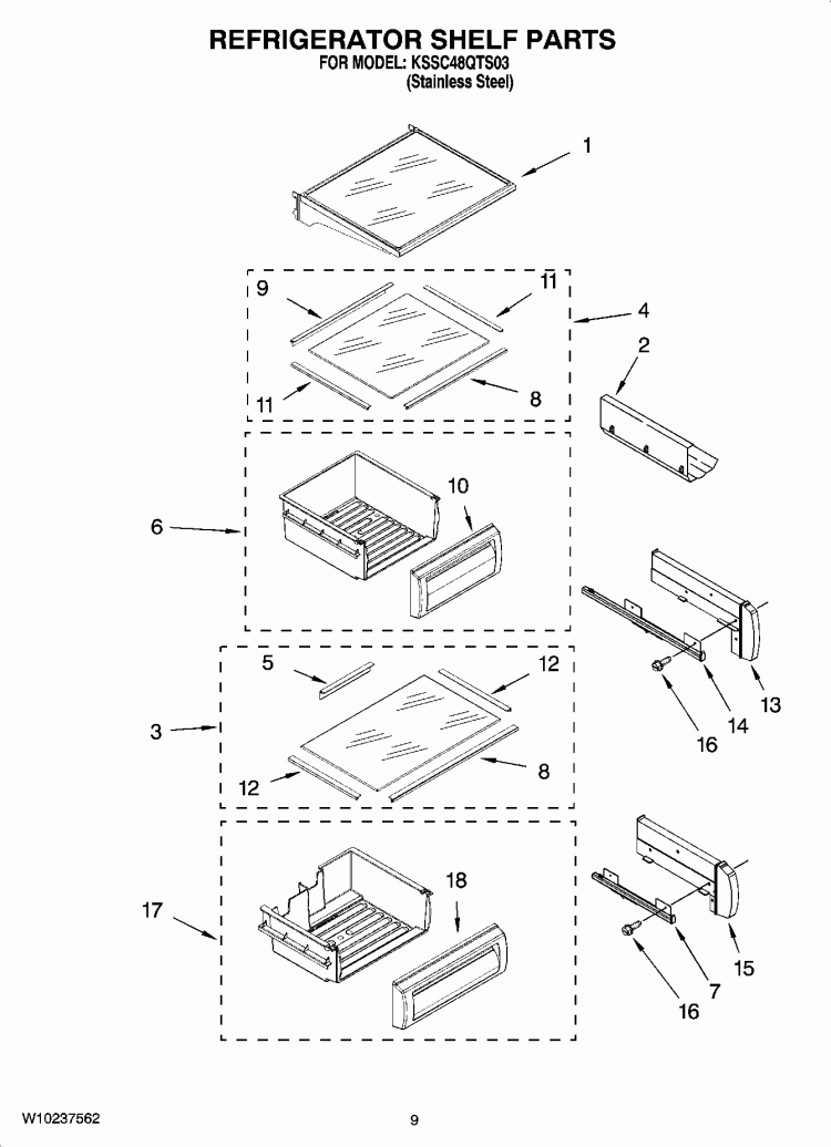 REFRIGERATOR SHELF PARTS Diagram and Parts List for KSSC48QTS03  KitchenAid Refrigerator