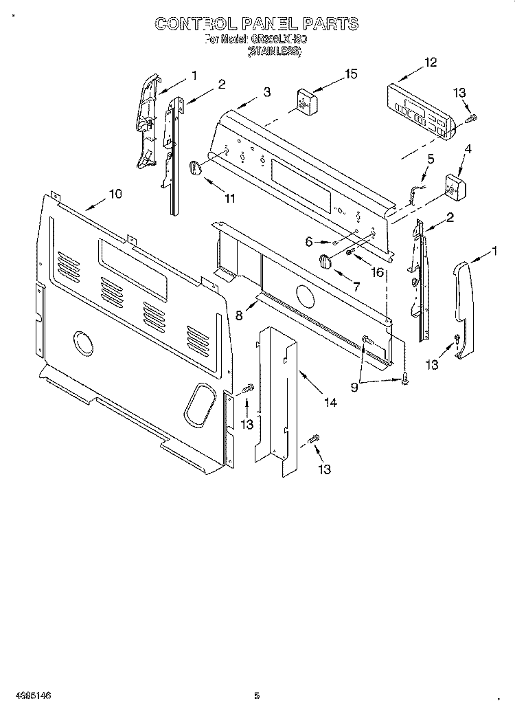 CONTROL PANEL Diagram and Parts List for GR399LXHS0  Whirlpool Range