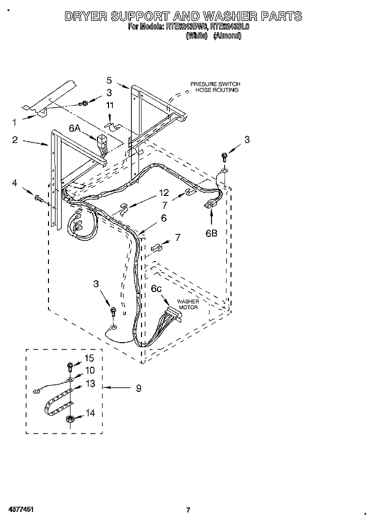 DRYER SUPPORT AND WASHER Diagram and Parts List for RTE5243BW0  Roper Washer Dryer Combo