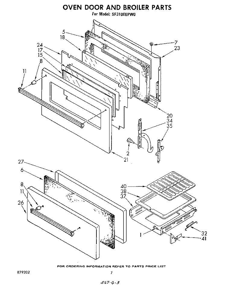 OVEN DOOR AND BROILER Diagram and Parts List for SF3100EPW0  Whirlpool Range