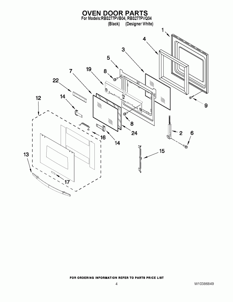 OVEN DOOR PARTS Diagram and Parts List for RBS277PVQ04  Whirlpool Wall Oven