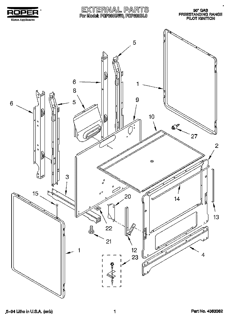 EXTERNAL Diagram and Parts List for FGP300BW0  Roper Range