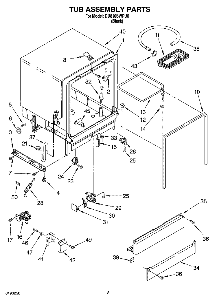 TUB ASSEMBLY PARTS Diagram and Parts List for DU810SWPU0  Whirlpool Dishwasher