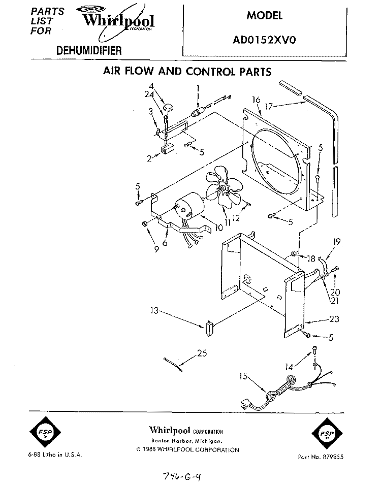 SECTION Diagram and Parts List for AD0152XV0  Whirlpool Dehumidifier
