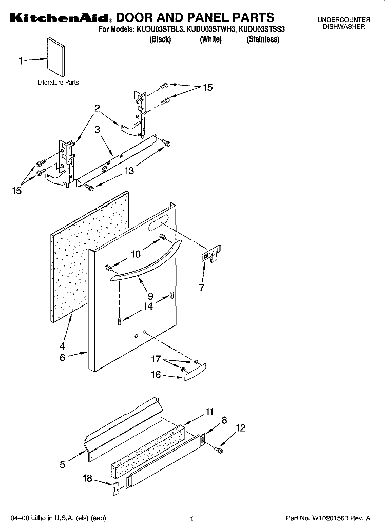 DOOR AND PANEL PARTS Diagram and Parts List for KUDU03STBL3  KitchenAid Dishwasher