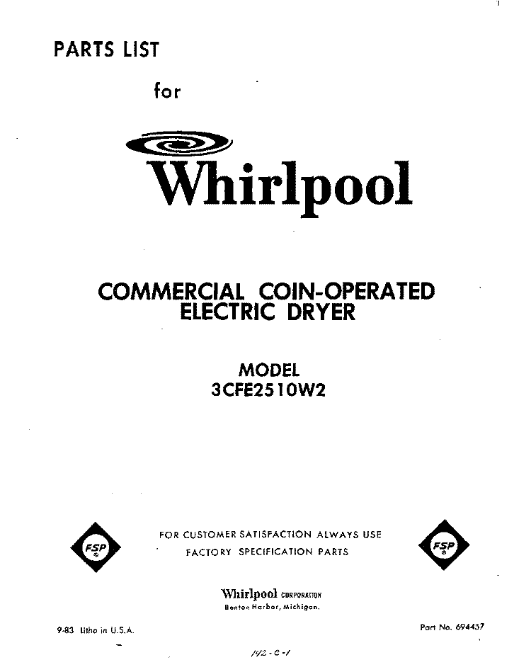 SECTION Diagram and Parts List for 3CFE2510W2  Whirlpool Dryer