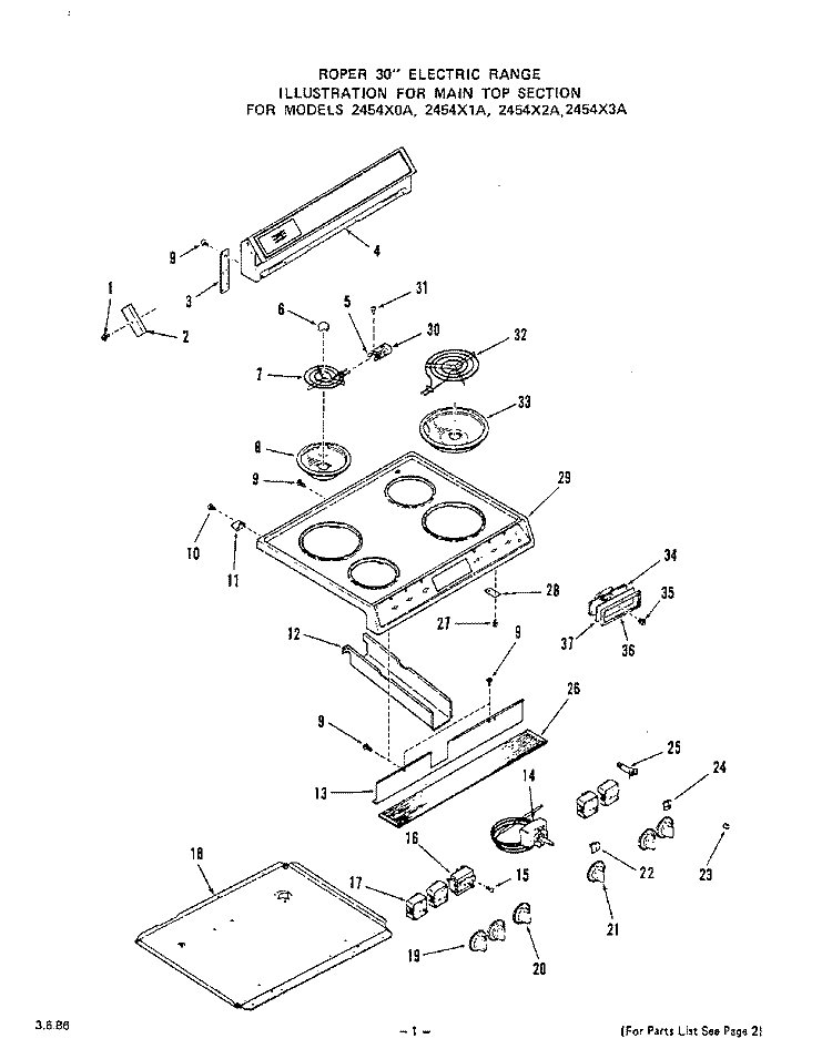 MAIN TOP Diagram and Parts List for 2454X2A  Roper Range