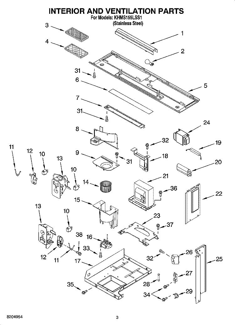 INTERIOR AND VENTILATION PARTS Diagram and Parts List for KHMS155LSS1  KitchenAid Microwave