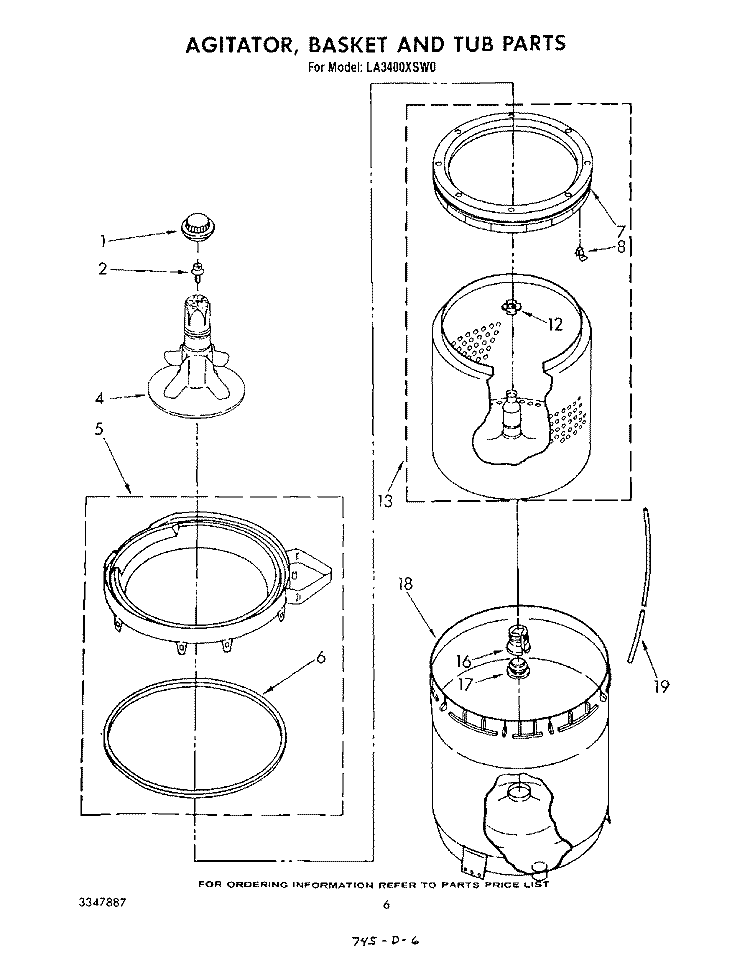 AGITATOR, BASKET AND TUB Diagram and Parts List for LA3400XSW0  Whirlpool Washer