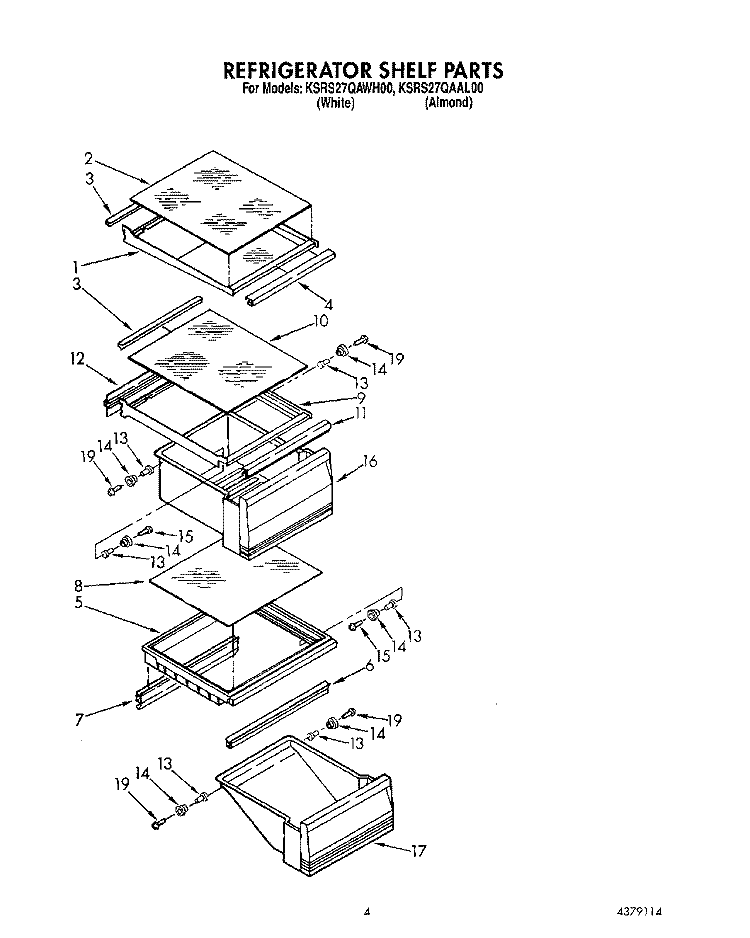 REFRIGERATOR SHELF Diagram and Parts List for KSRS27QAWH00  KitchenAid Refrigerator