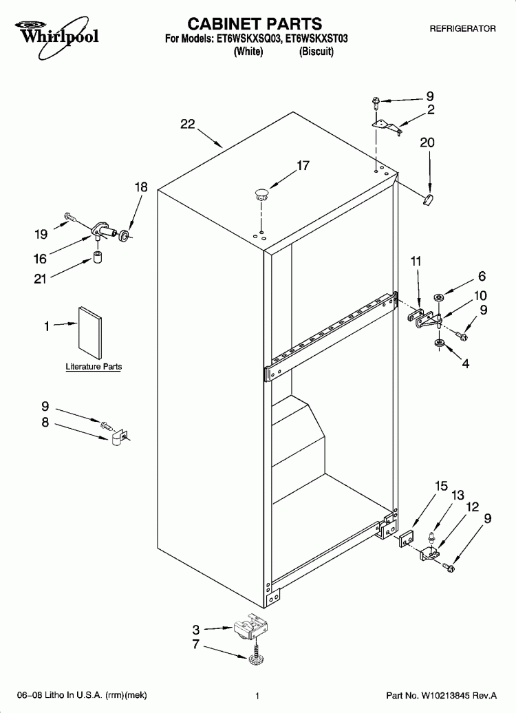 CABINET PARTS Diagram and Parts List for ET6WSKXST03  Whirlpool Refrigerator