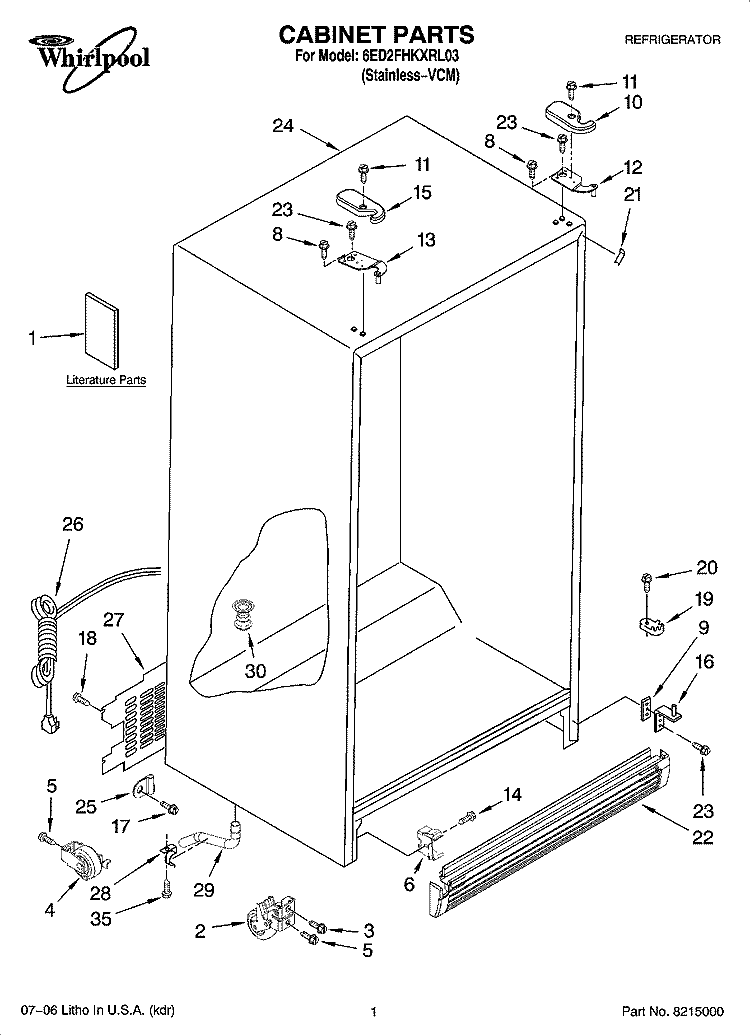 CABINET PARTS Diagram and Parts List for 6ED2FHKXRL03  Whirlpool Refrigerator