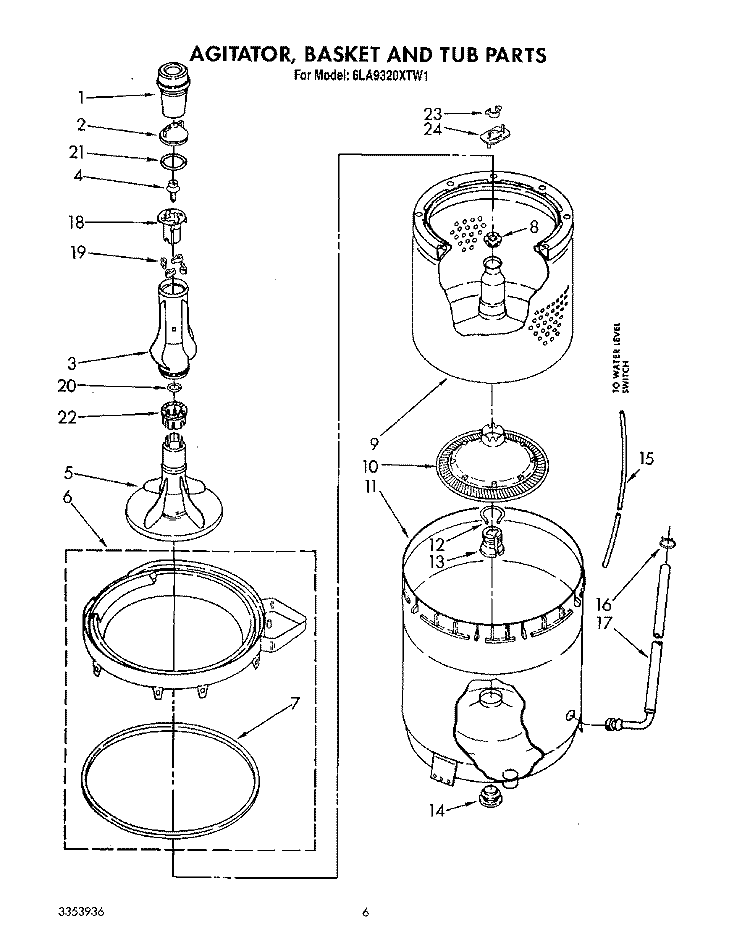 AGITATOR, BASKET AND TUB Diagram and Parts List for 6LA9320XTW1  Whirlpool Washer