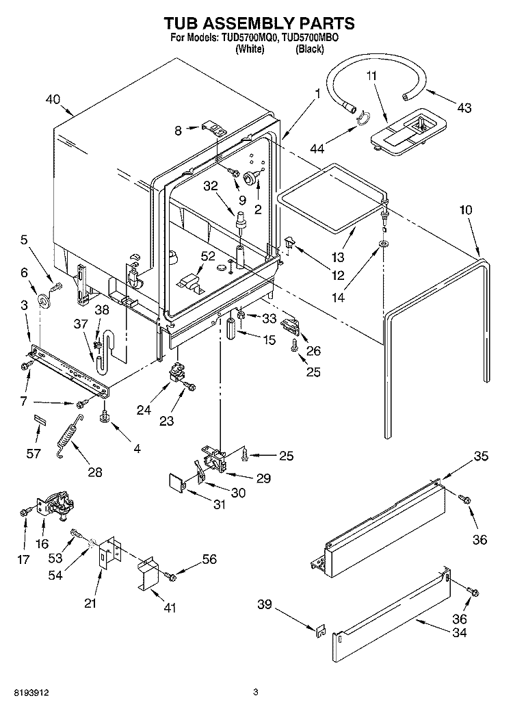 TUB ASSEMBLY PARTS Diagram and Parts List for TUD5700MQ0  Estate Dishwasher