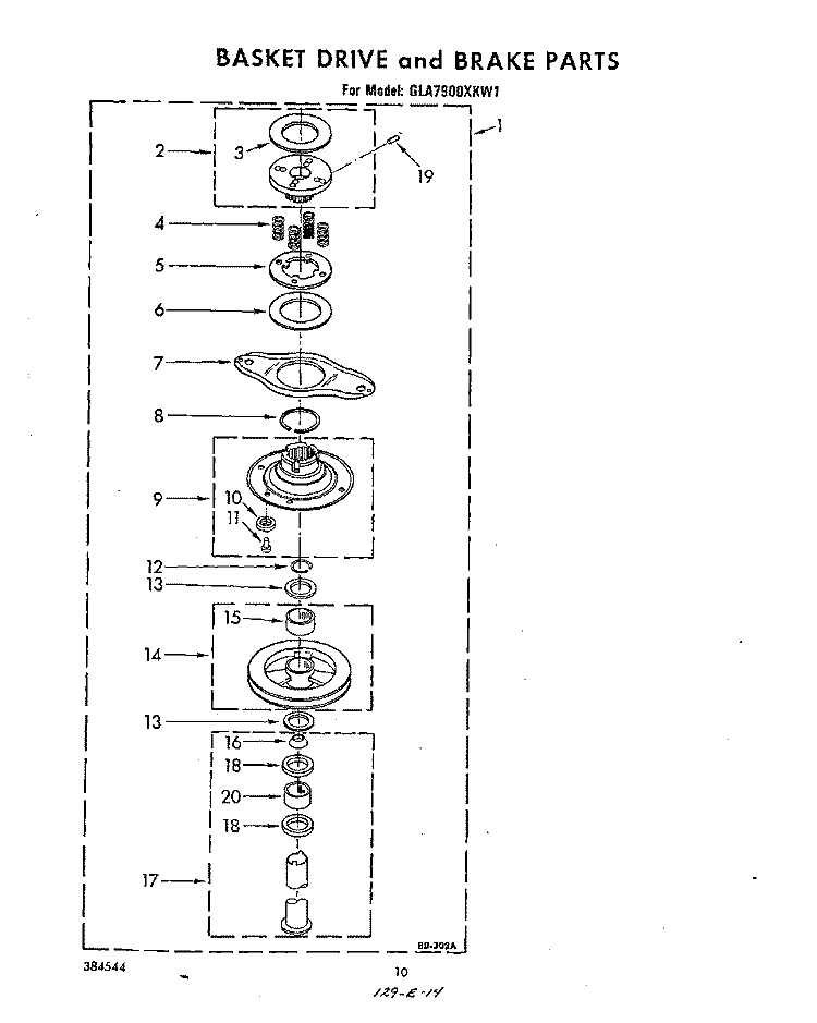 BASKET DRIVE AND BRAKES Diagram and Parts List for GLA7900XKW1  Whirlpool Washer