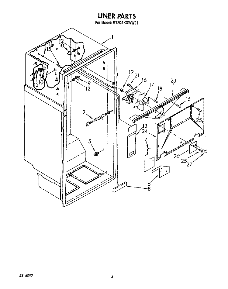 LINER Diagram and Parts List for RT20AKXWW01  Roper Refrigerator