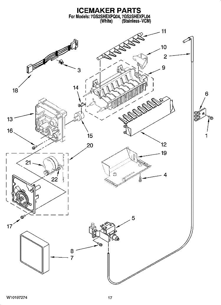 ICEMAKER PARTS Diagram and Parts List for 7GS2SHEXPQ04  Whirlpool Refrigerator