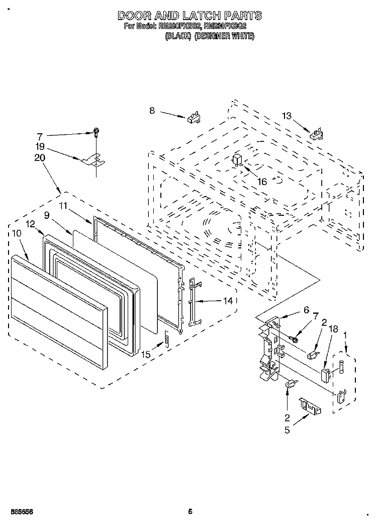 DOOR AND LATCH Diagram and Parts List for RM280PXBB2  Whirlpool Microwave Oven Combo