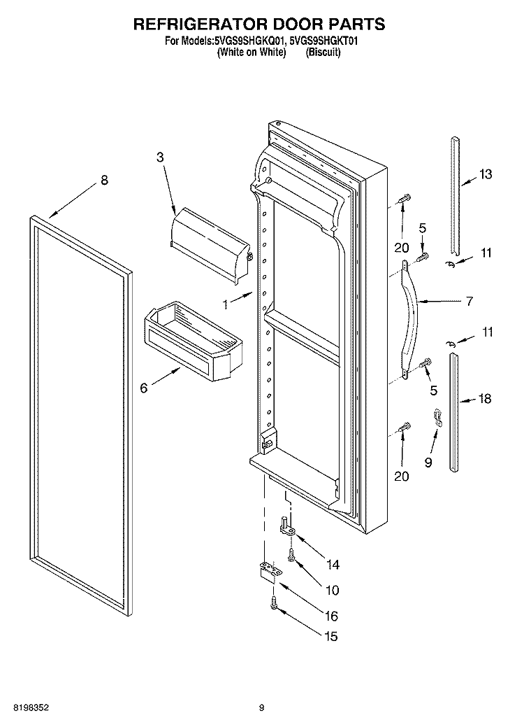 REFRIGERATOR DOOR Diagram and Parts List for 5VGS9SHGKQ01  Whirlpool Refrigerator