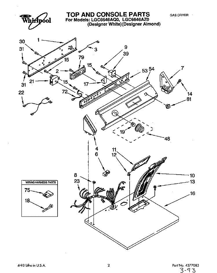 TOP AND CONSOLE, LIT/OPTIONAL Diagram and Parts List for LGC6646AQ0  Whirlpool Dryer