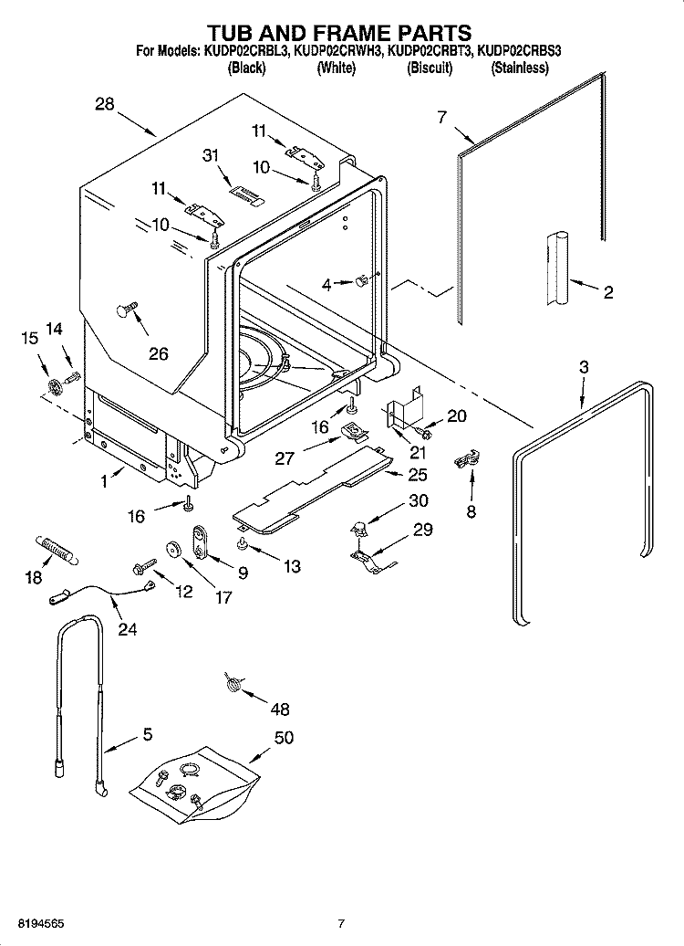 TUB AND FRAME PARTS Diagram and Parts List for KUDP02CRBL3  KitchenAid Dishwasher