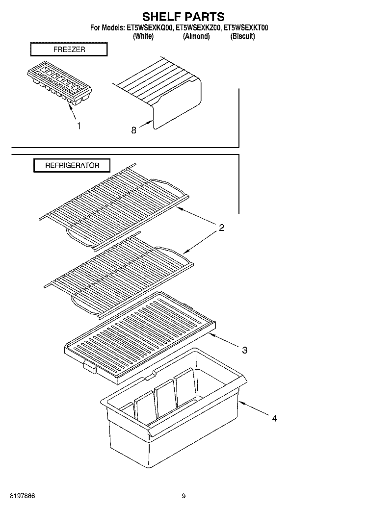 SHELF, OPTIONAL Diagram and Parts List for ET5WSEXKZ00  Whirlpool Refrigerator