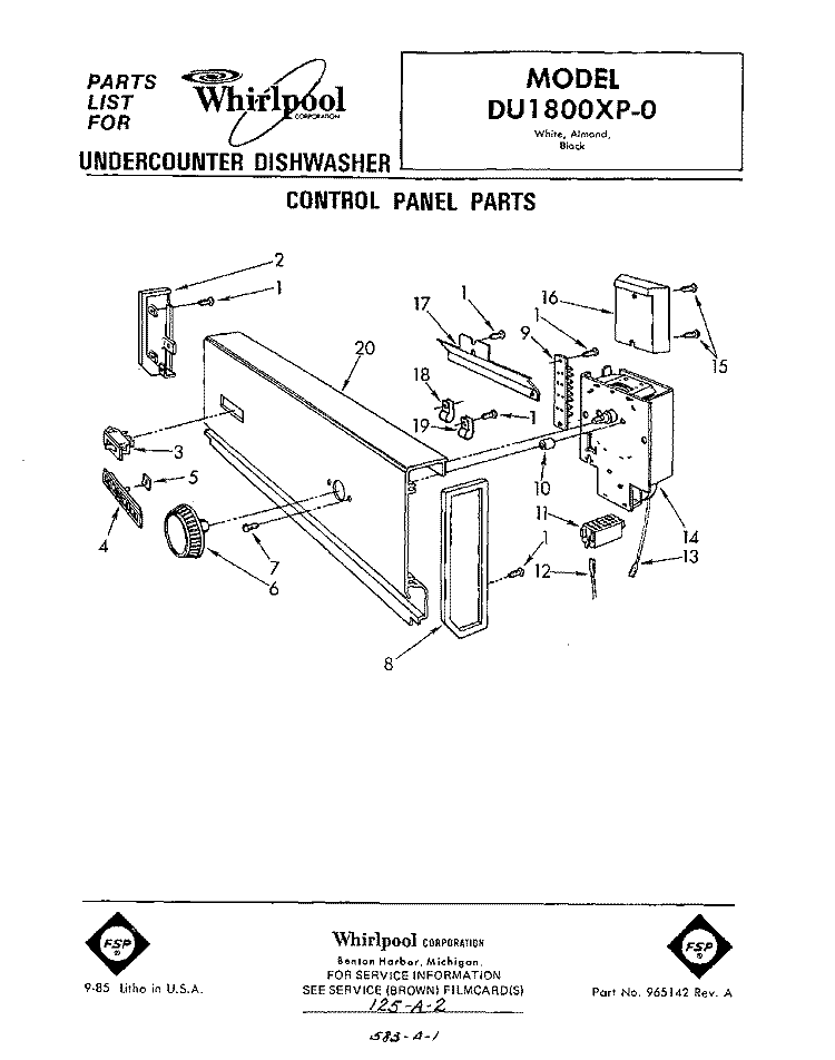 CONTROL PANEL Diagram and Parts List for DU1800XP0  Whirlpool Dishwasher