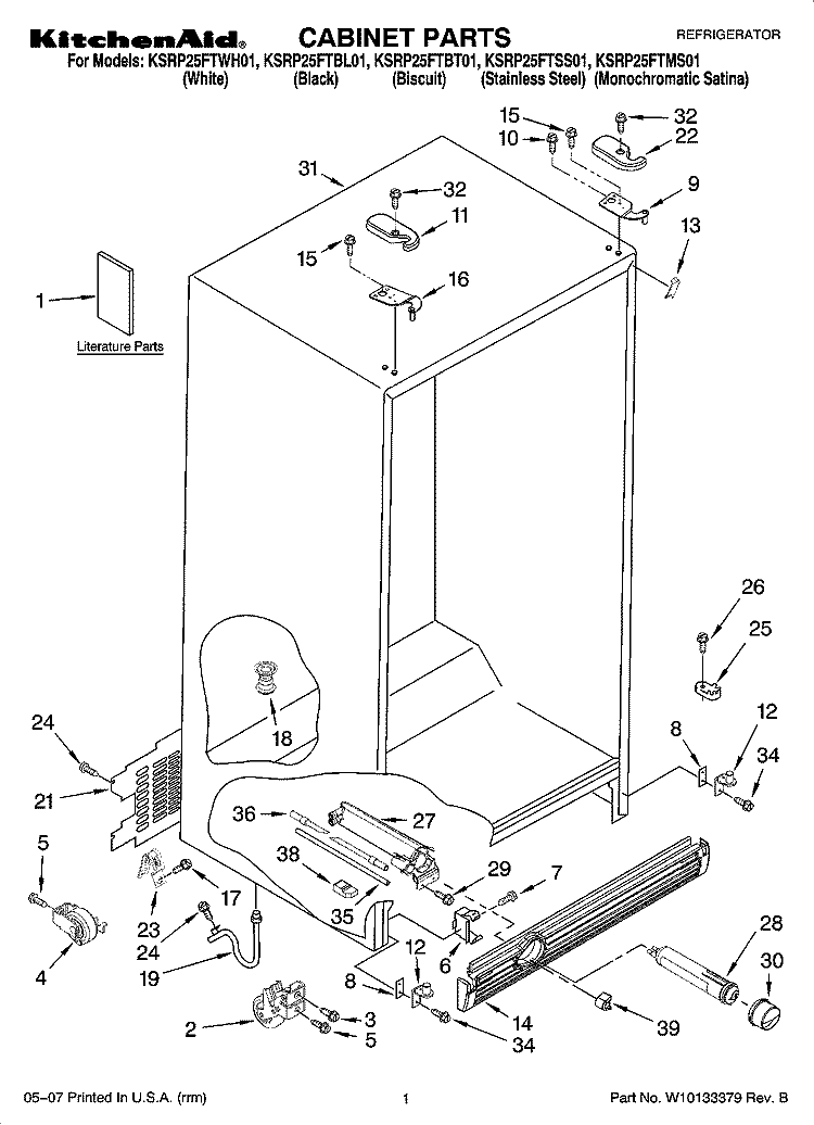 CABINET PARTS Diagram and Parts List for KSRP25FTSS01  KitchenAid Refrigerator